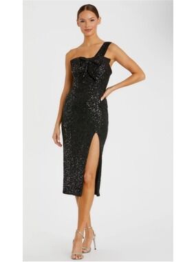 Women's Ieena for Mac Duggal Black Sequin One Shoulder Bow Dress Size 2
